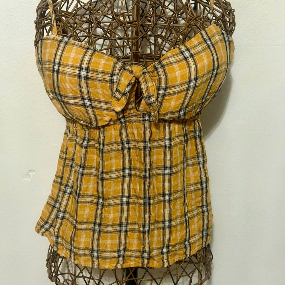No Boundaries Yellow Plaid Tie-Front Cami